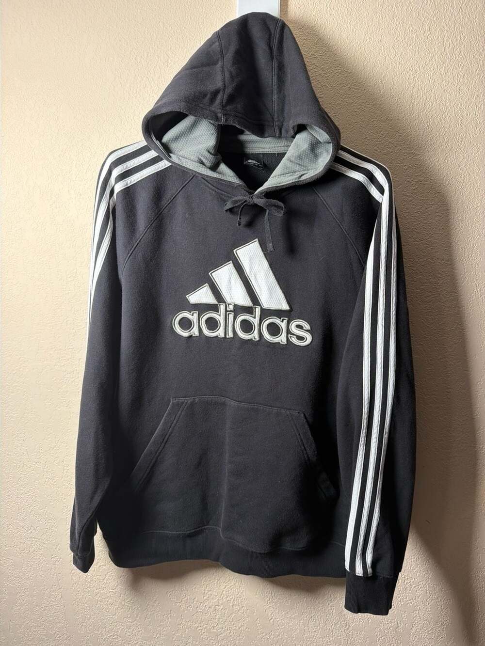 Adidas Black Pullover Hoodie with White Stripes and Logo, Size L